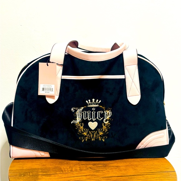 Juicy Couture Handbags - Juicy Couture Black & Pink Velour Queen Of Everything Weekender Duffle Bag NWT